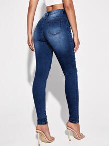 SHEIN Essnce High Waist Ripped Skinny Jeans - Dark Wash - View 3