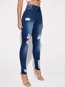 SHEIN Essnce High Waist Ripped Skinny Jeans - Dark Wash - View 5