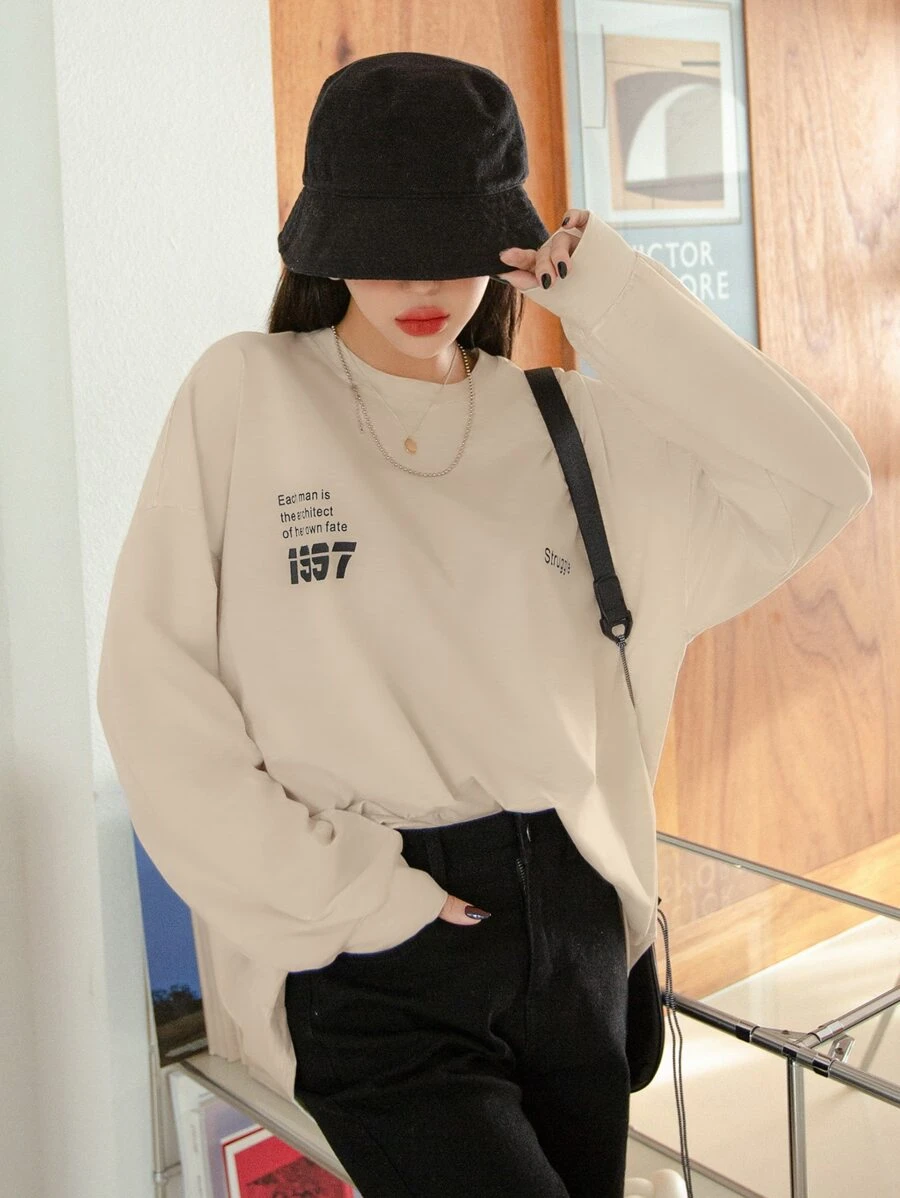 DAZY 標語圖形下垂肩t恤 - 杏色 - 查看 1