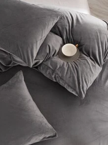 Juego de funda nórdica de franela de color sólido gris oscuro de 2/3 piezas - Gris Oscuro - Ver 3