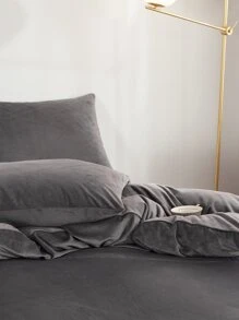 Juego de funda nórdica de franela de color sólido gris oscuro de 2/3 piezas - Gris Oscuro - Ver 5