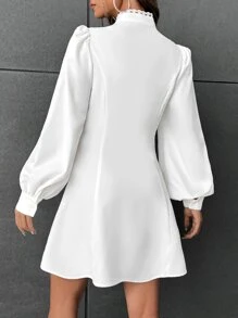 SHEIN EZwear 凸花蕾絲細節鏤空繫帶領燈籠袖洋裝