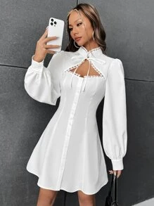 SHEIN EZwear 凸花蕾絲細節鏤空繫帶領燈籠袖洋裝