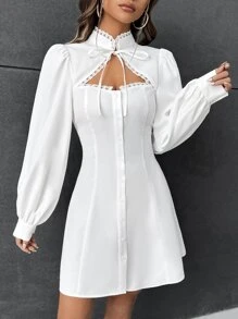 SHEIN EZwear 凸花蕾絲細節鏤空繫帶領燈籠袖洋裝