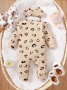SHEIN Vintaside Kids Baby Girl Allover Print Ruffle Trim Jumpsuit & Headband