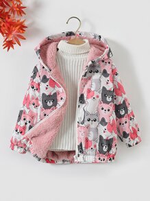 小女童卡通圖案毛絨內襯連帽外套無毛衣