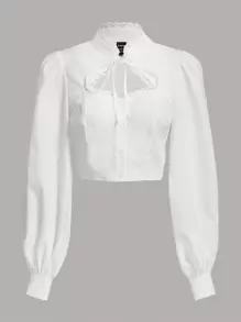 SHEIN MOD 鏤空蕾絲花邊前繫帶燈籠袖襯衫 - 白色 - 查看 1