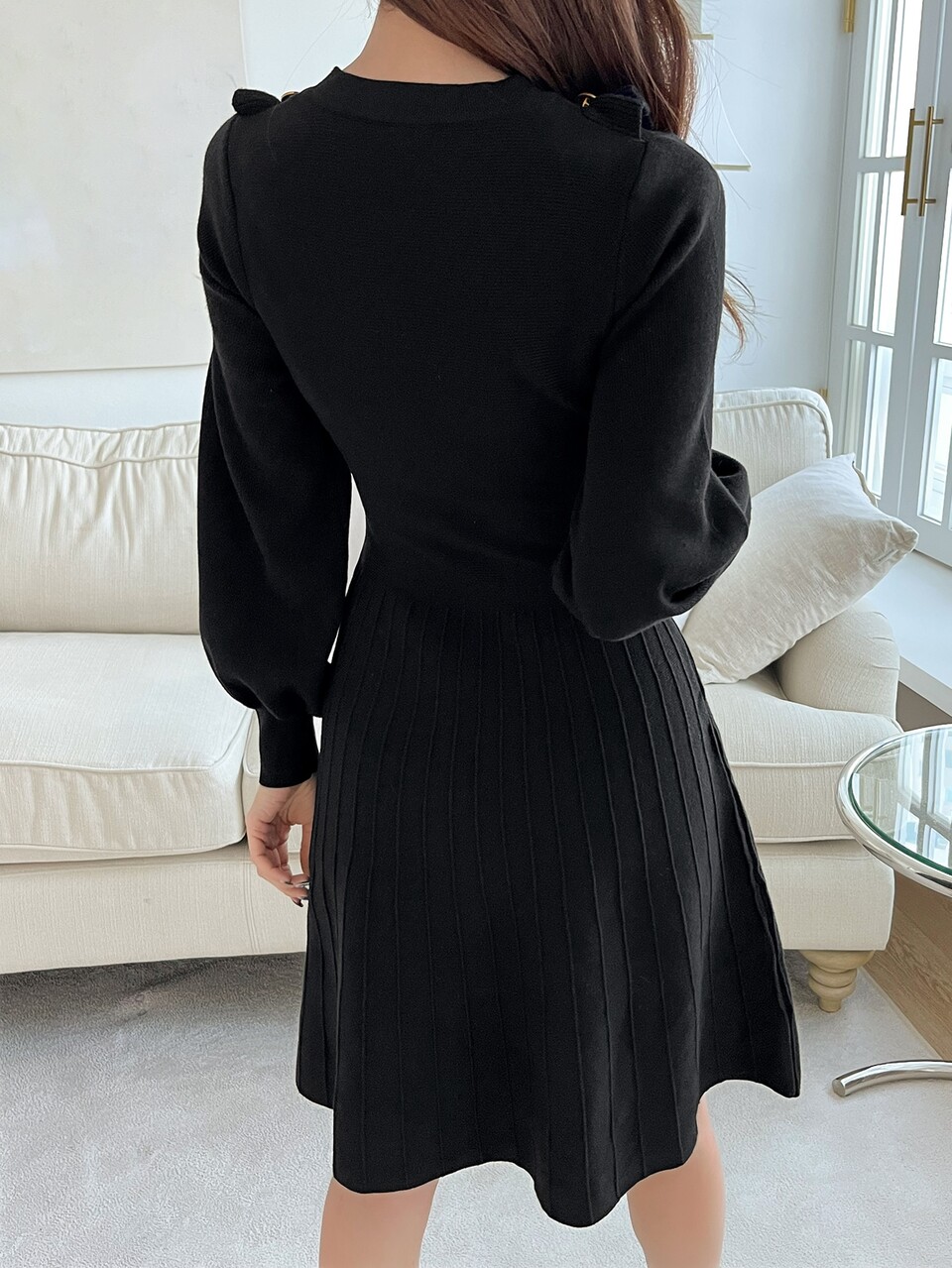 Ruffle Trim Lantern Sleeve Sweater Dress