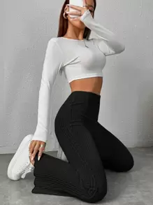 SHEIN PETITE 條紋針織喇叭褲 - 黑色 - 查看 5