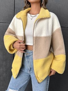 SHEIN EZwear Colour Block Drop Shoulder Teddy Jacket - Multicolor - View 2