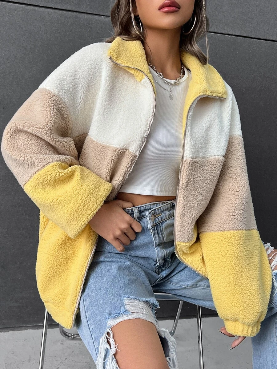 SHEIN EZwear Colour Block Drop Shoulder Teddy Jacket - Multicolor - View 1