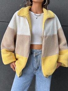 SHEIN EZwear Colour Block Drop Shoulder Teddy Jacket - Multicolor - View 5