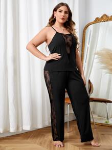 Plus Contrast Lace Cami PJ Set / Pajama Set - Black - View 4