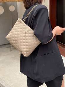 輕巧、便攜、大容量休閒、時尚絎縫細節手提包、優雅大號人造皮革手提包、女式時尚鏈條單肩包適合女孩、女士、大學生、新秀和白領秋季、冬季必備、適合工作、辦公室、通勤, 秋冬, 戶外 - 卡其色 - 查看 2