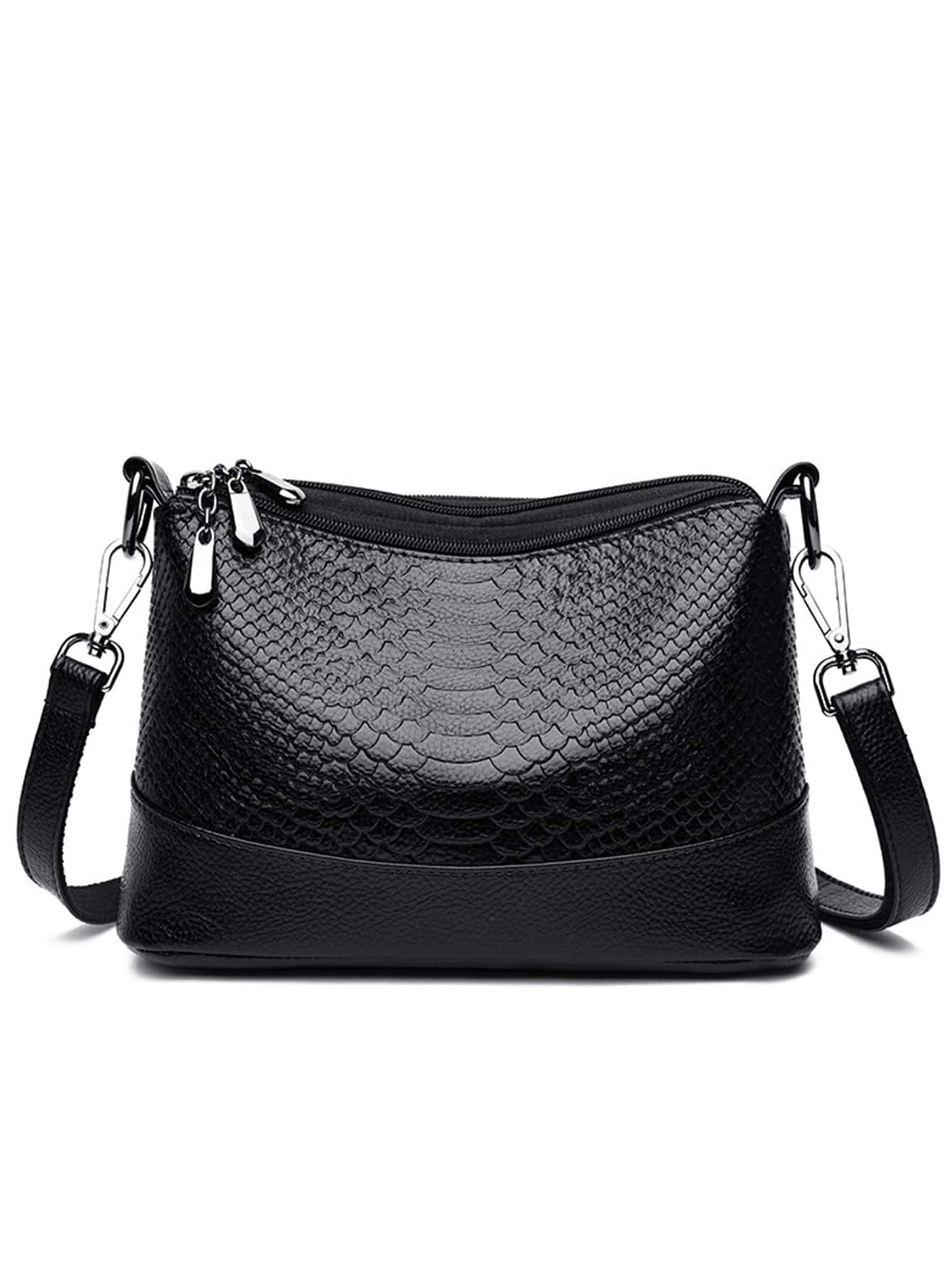 防水、輕盈、商務休閒魚鱗壓花拉鍊斜背包適合青少年女大學生、菜鳥和白領，非常適合辦公室、大學、工作、商務、通勤 - 黑色 - 查看 1