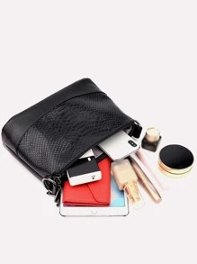 防水、輕盈、商務休閒魚鱗壓花拉鍊斜背包適合青少年女大學生、菜鳥和白領，非常適合辦公室、大學、工作、商務、通勤 - 黑色 - 查看 3