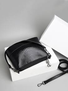 防水、輕盈、商務休閒魚鱗壓花拉鍊斜背包適合青少年女大學生、菜鳥和白領，非常適合辦公室、大學、工作、商務、通勤 - 黑色 - 查看 6