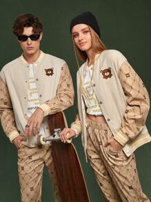 Manfinity 1pc Cartoon Embroidered Striped Trim Drop Shoulder Varsity Jacket - Khaki - View 2