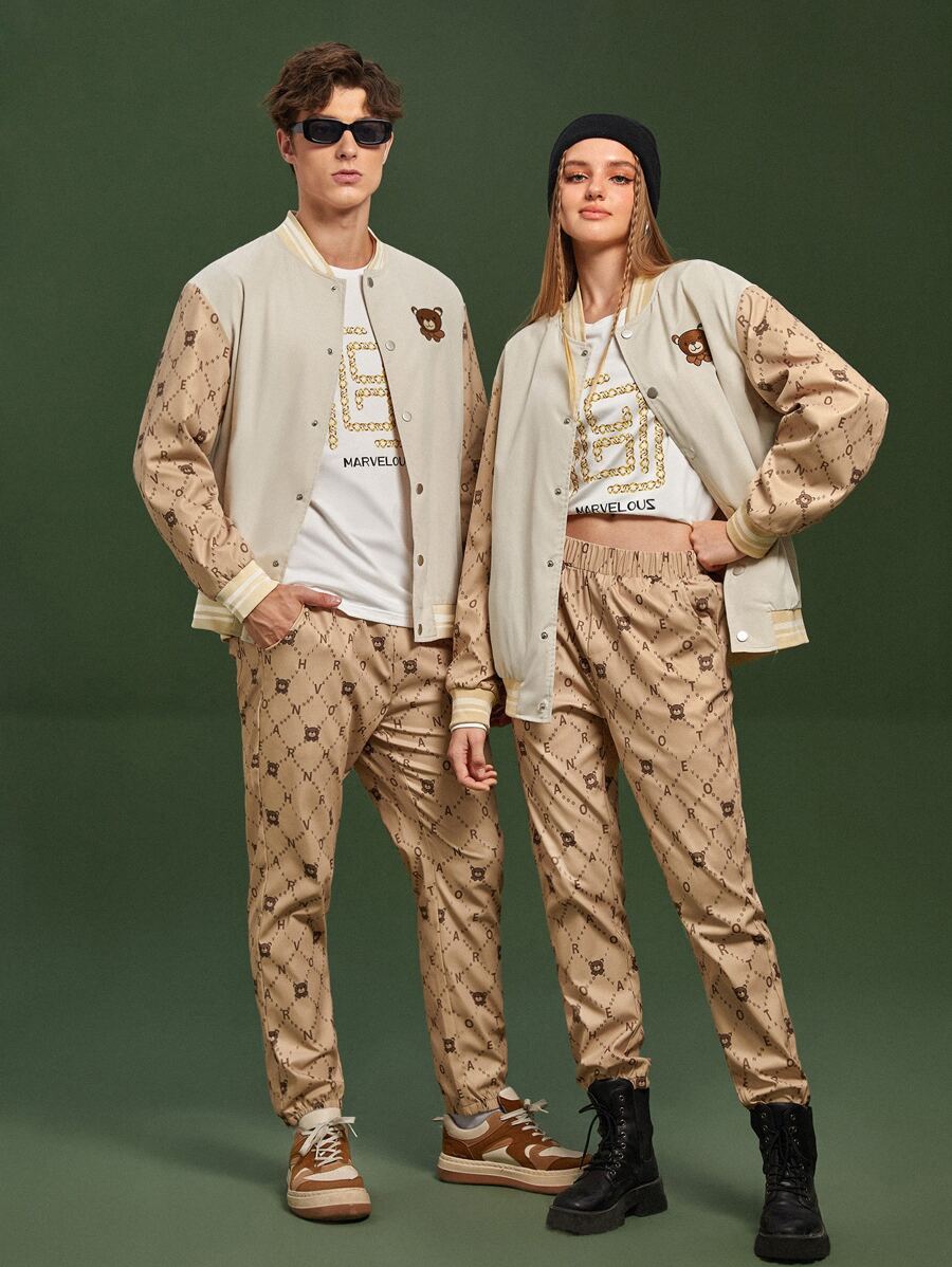 Manfinity 1pc Cartoon Embroidered Striped Trim Drop Shoulder Varsity Jacket - Khaki - View 1