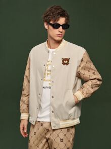 Manfinity 1pc Cartoon Embroidered Striped Trim Drop Shoulder Varsity Jacket - Khaki - View 5