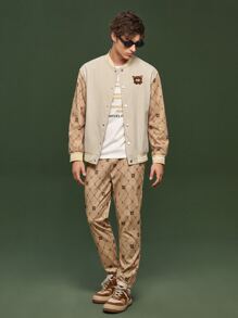 Manfinity 1pc Cartoon Embroidered Striped Trim Drop Shoulder Varsity Jacket - Khaki - View 6