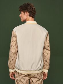 Manfinity 1pc Cartoon Embroidered Striped Trim Drop Shoulder Varsity Jacket - Khaki - View 7