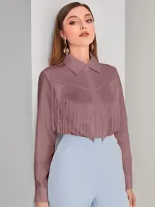 Modelyn Camisa unicolor con botón delantero ribete con fleco - Rosa vieja - Ver 1