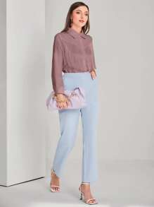 Modelyn Camisa unicolor con botón delantero ribete con fleco - Rosa vieja - Ver 3