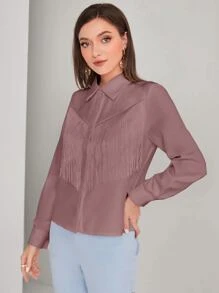 Modelyn Camisa unicolor con botón delantero ribete con fleco - Rosa vieja - Ver 4