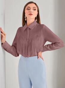 Modelyn Camisa unicolor con botón delantero ribete con fleco - Rosa vieja - Ver 5