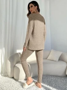 Marled Knit Split Hem Top & Leggings Lounge Set - Khaki - View 2