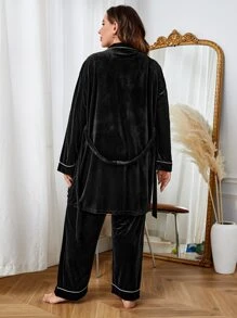 ribete en contraste con cinturón de terciopelo Bata de dormir & Pantalones de dormir - Negro - Ver 2