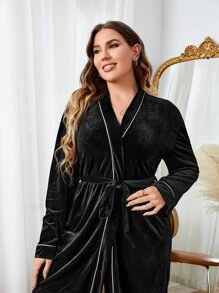 ribete en contraste con cinturón de terciopelo Bata de dormir & Pantalones de dormir - Negro - Ver 3