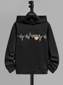 SHEIN 青少年男童休闲长袖篮球印花卫衣 - 黑色 - 查看 1