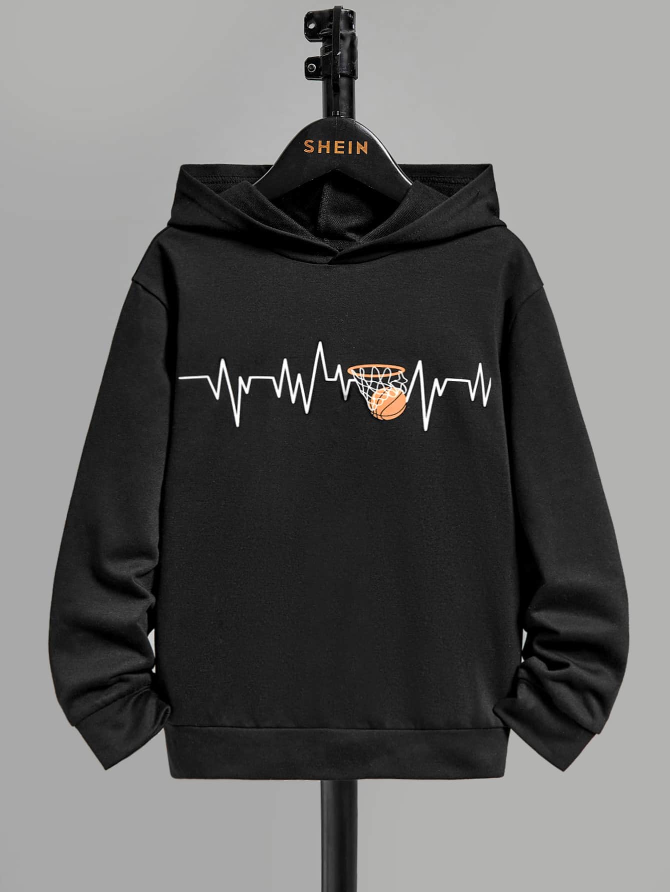 SHEIN 青少年男童休闲长袖篮球印花卫衣 - 黑色 - 查看 1