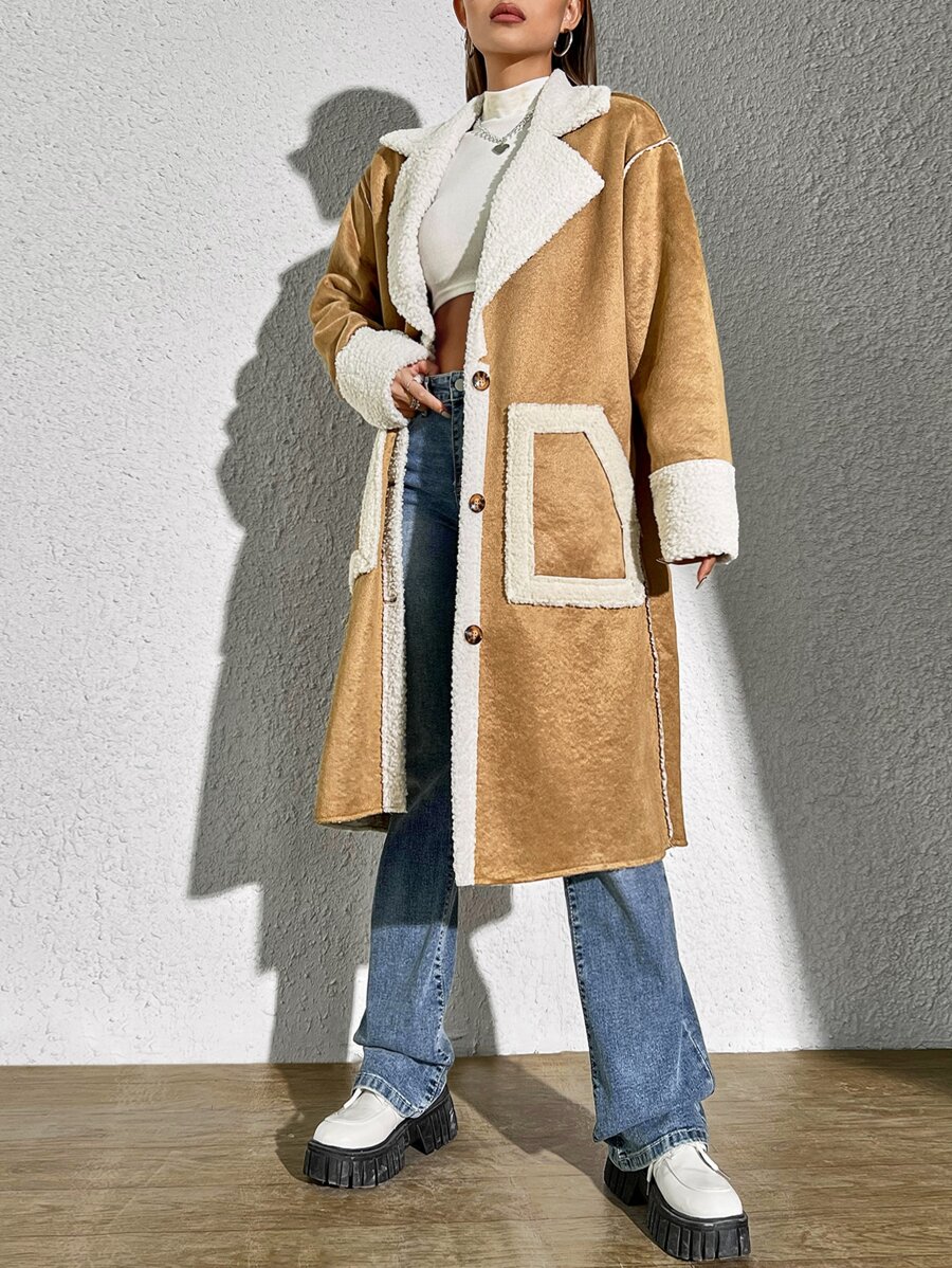 SHEIN EZwear 毛絨內襯雙口袋落肩袖仿麂皮外套