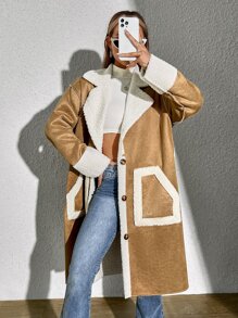 SHEIN EZwear 毛絨內襯雙口袋落肩袖仿麂皮外套