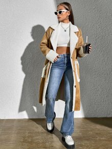 SHEIN EZwear 毛絨內襯雙口袋落肩袖仿麂皮外套