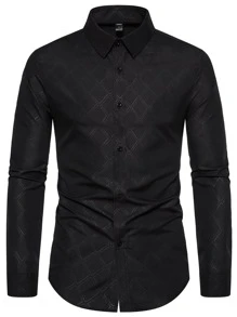 Manfinity Mode 男士几何印花纯色长袖休闲领衬衫，适合工作、商务、黑色纹理衬衫，秋季 - 黑色 - 查看 3
