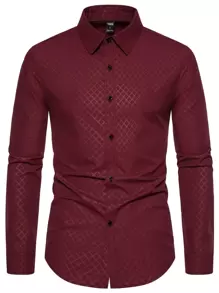 Manfinity Mode Nam Kẻ Sọc In Tay Dài Nút Lên Trơn Màu Đỏ Đậm Công Sở Sơ Mi Công Sở Cho Chồng - Màu Đỏ Sâu - Xem 5