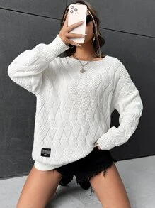 SHEIN EZwear Áo len nữ Đắp vá Lá thư Giải trí - trắng - Xem 2