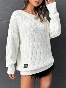 SHEIN EZwear Áo len nữ Đắp vá Lá thư Giải trí - trắng - Xem 1