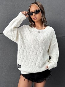 SHEIN EZwear Áo len nữ Đắp vá Lá thư Giải trí - trắng - Xem 5