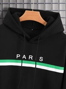 Manfinity Loose Fit Men's Letter Graphic  Pocket Drawstring Hooded Sweatshirt - Black - View 3