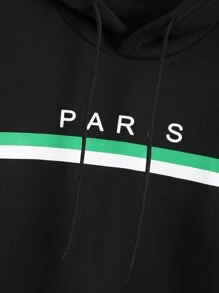 Manfinity Loose Fit Men's Letter Graphic  Pocket Drawstring Hooded Sweatshirt - Black - View 4