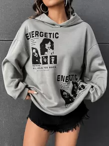 SHEIN EZwear Slogan & Figure Graphic Drop Shoulder Hoodie ENERGETIC I KNOW WHERE I'M FROM AND WHERE I'M GOING, NOTHING WILL HOLD YOU BACK BE YOUR OWN SUN,Long Sleeve Tops - Grey - View 1