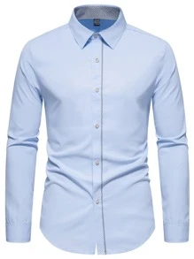 Manfinity Mode 男士素色前排扣襯衫 - 淺藍色 - 查看 1