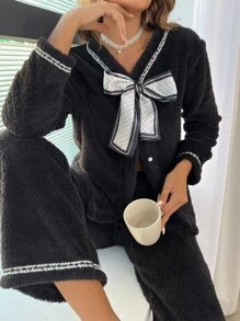 Button Front Plaid Bow Decor Flannelette Pyjama Set - Black - View 1
