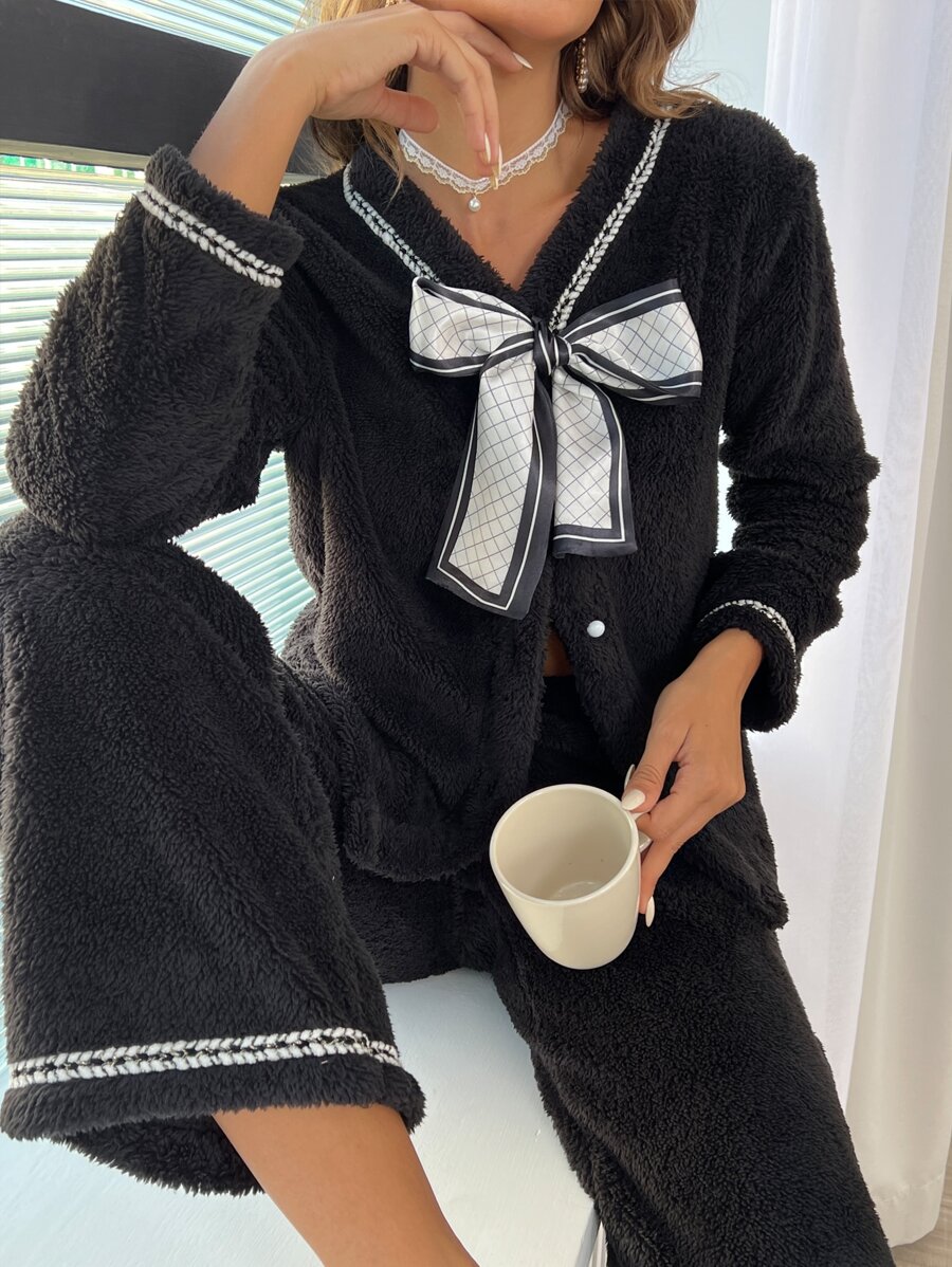 Button Front Plaid Bow Decor Flannelette Pyjama Set - Black - View 1