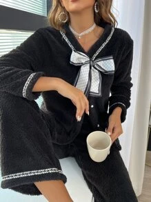 Button Front Plaid Bow Decor Flannelette Pyjama Set - Black - View 6